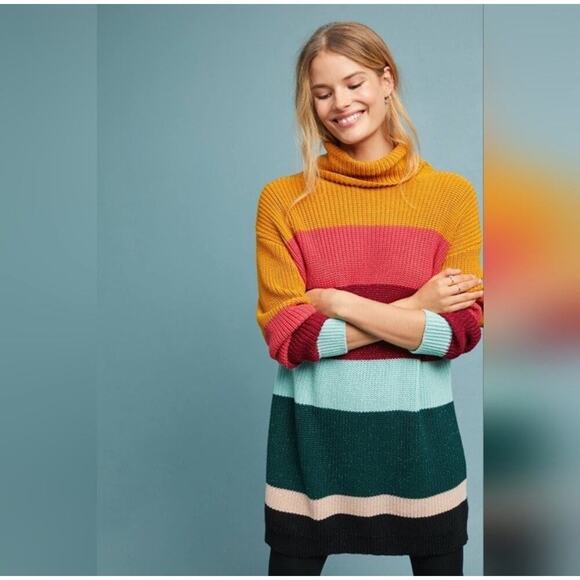 Farm Rio de Janeiro Rainbow Turtleneck Striped Knit‎ Sweater Dress Size XS - Picture 2 of 10